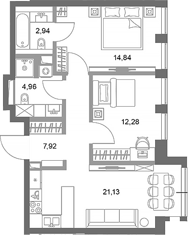 2-комн., 64.07 м², 28/75 этаж, ЖК «ФАЙВ ТАУЭРС»