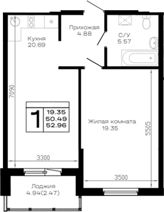 1-комн. квартира, 50.49 м² в ЖК Усадьба Гостагаевская — фото 2