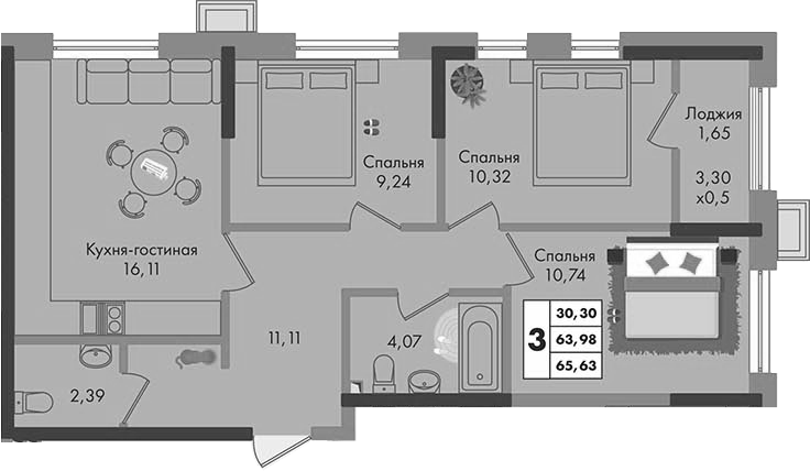 3-комн. квартира, 63.98 м² в ЖК Зеленая территория — фото 2