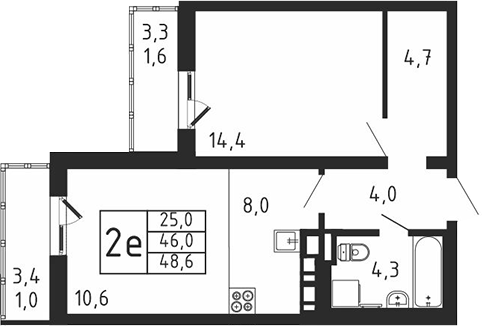 2-комн., 46 м², 5/9 этаж, ЖК «Пироговская ривьера. Мытищи»