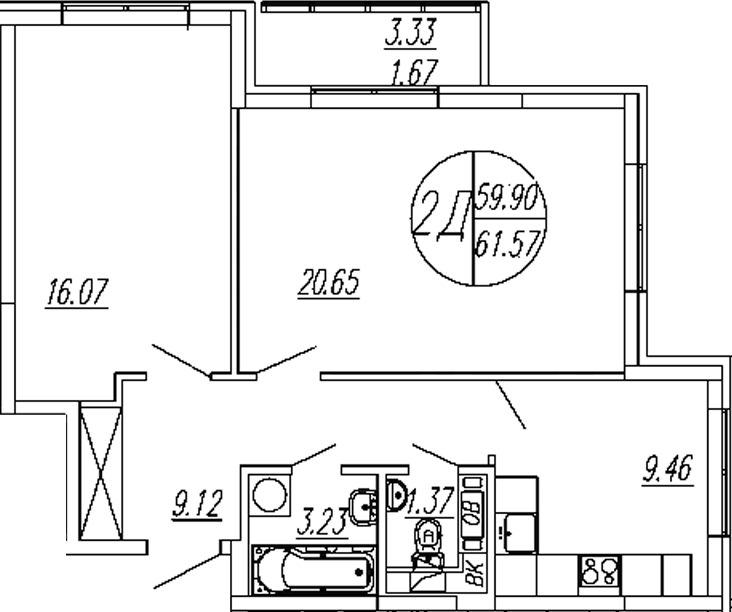 2-комн., 59.9 м², 1/4 этаж, ЖК «Шолохово»