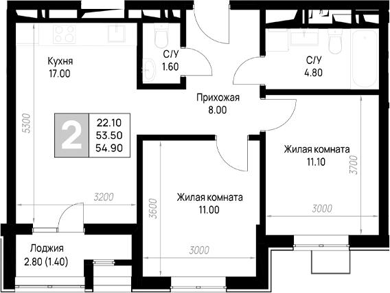 2-комн., 53.5 м², 6/9 этаж, ЖК «На высоком берегу»