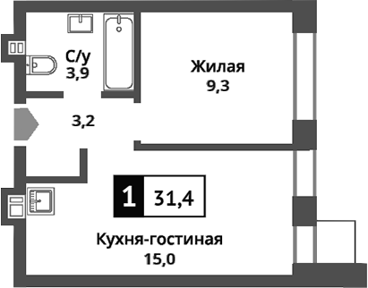 2-комн., 31.4 м², 3/9 этаж, ЖК «Никольский квартал Отрада»