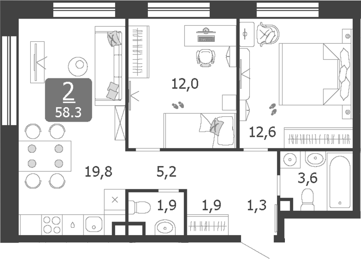 3-комн., 58.3 м², 18/19 этаж, ЖК «Шагал»