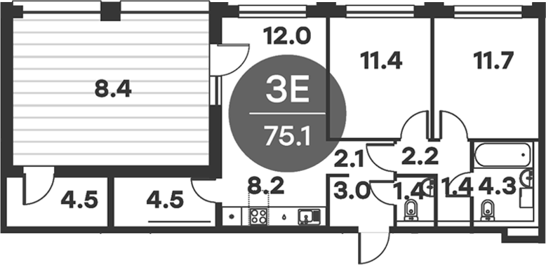 3-комн., 66.7 м², 6/6 этаж, ЖК «Равновесие»