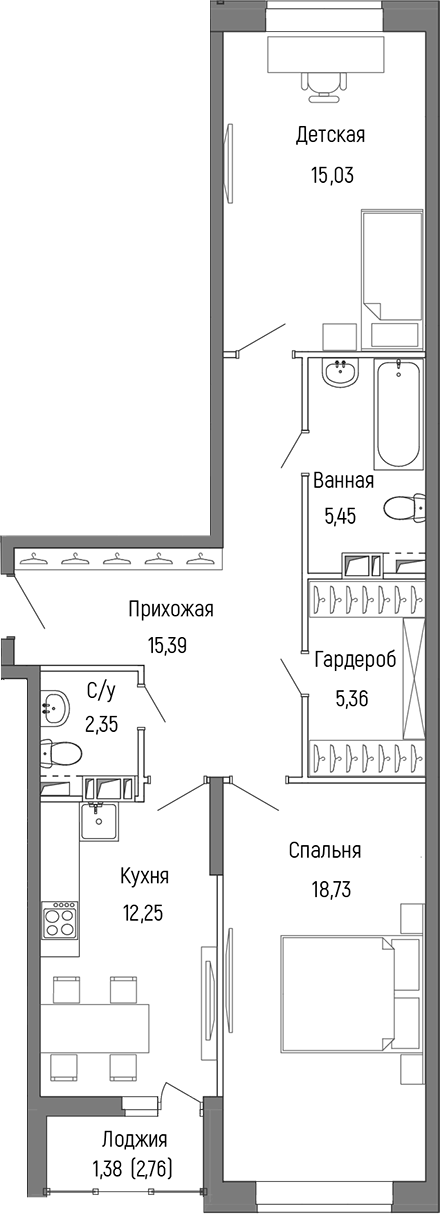 2-комн., 73.22 м², 4/9 этаж, ЖК «Рига Хиллс»