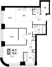3-комн., 76.8 м², 2/47 этаж, ЖК «Амбер Сити»