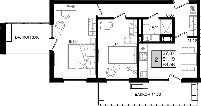 2-комн. квартира, 49.7 м² в ЖК IT гостиничный комплекс Корсаков — фото 2