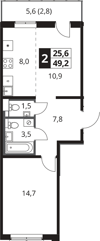 2-комн., 46.4 м², 21/25 этаж, ЖК «1-й Южный»