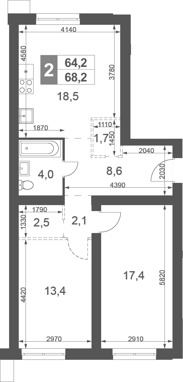 2-комн., 68.2 м², 1/4 этаж, ЖК «Дубровицы Клаб»