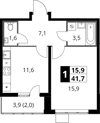 1-комн., 39.7 м², 8/24 этаж, ЖК «1-й Южный»