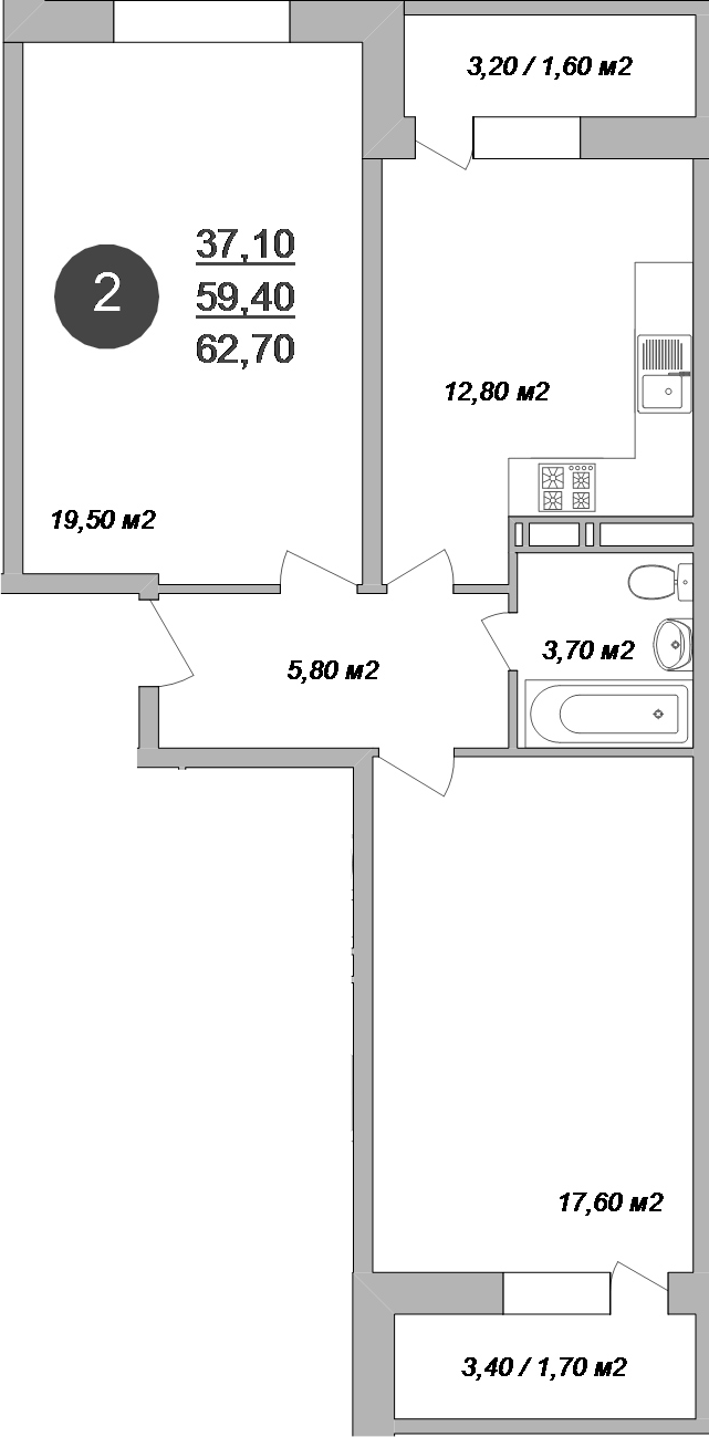 2-комн., 59.4 м², 15/17 этаж, ЖК «Новые Островцы»