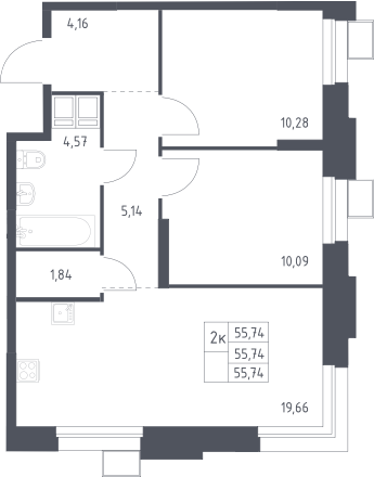 3-комн., 55.74 м², 13/23 этаж, ЖК «Тропарево Парк»