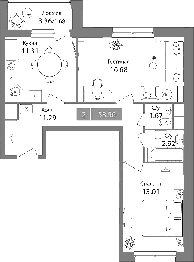 2-комн., 56.88 м², 10/12 этаж, ЖК «Планерный квартал»