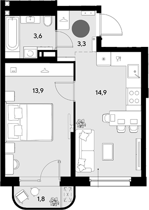 1-комн. квартира, 35.7 м² в ЖК Грейд — фото 2