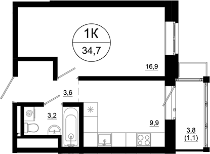 1-комн., 33.6 м², 3/21 этаж, ЖК «Союзный»