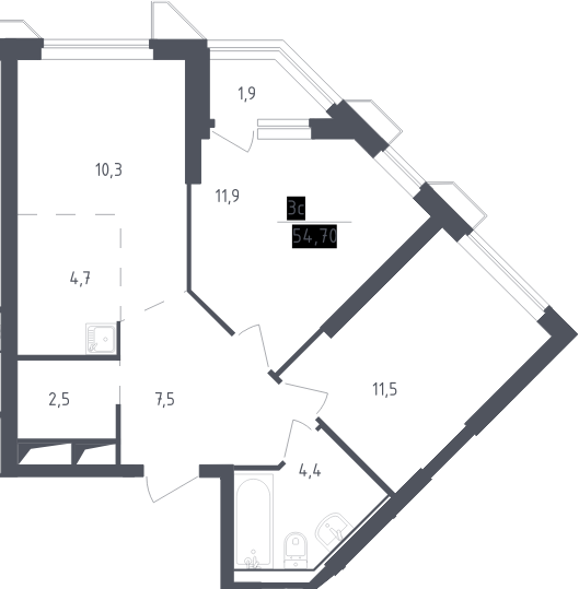 3-комн., 52.8 м², 11/30 этаж, ЖК «Скай Спутник»