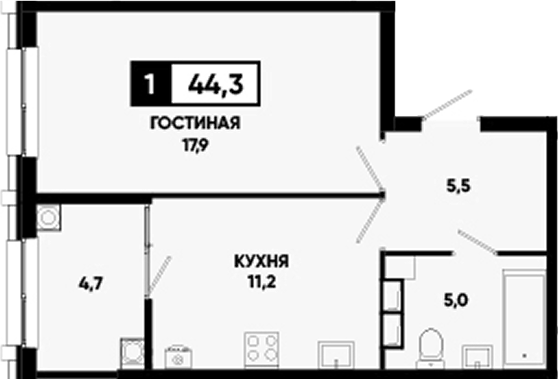 1-комн., 39.6 м², 5/24 этаж, ЖК «Основа. ГК ЮгСтройИнвест. Ставропольский край»