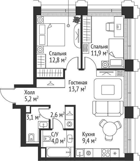 3-комн., 62.7 м², 4/45 этаж, ЖК «СЕТ»