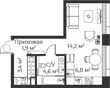 Студия, 30.9 м², 9/35 этаж, ЖК «Веер»