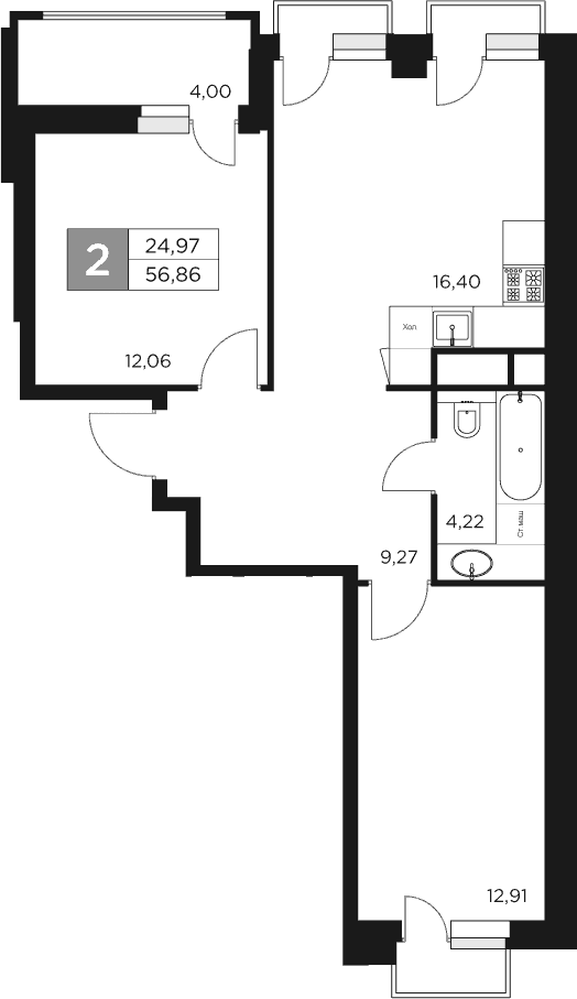 3-комн., 54.86 м², 11/17 этаж, ЖК «Восток 2»