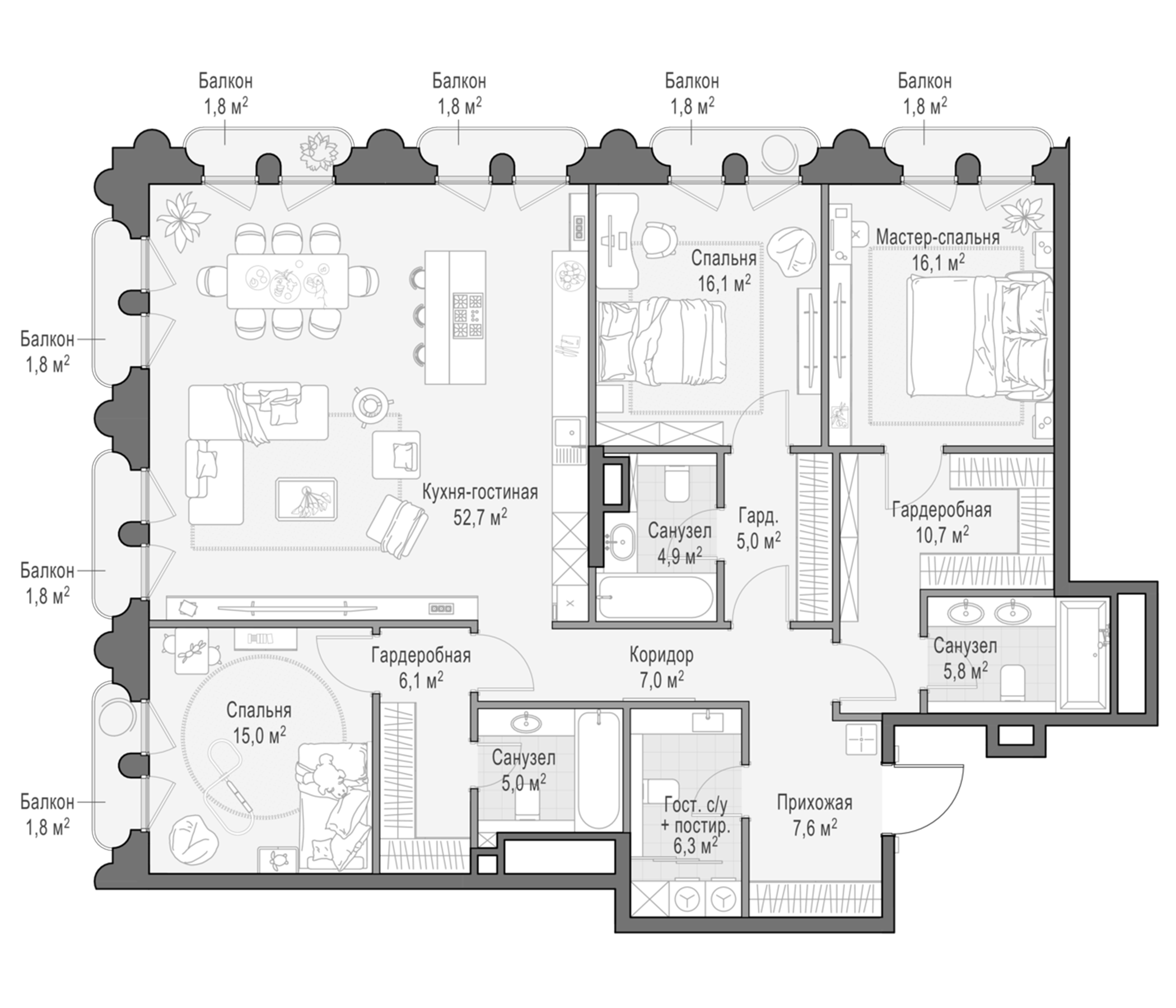 4+ комнаты, 164.2 м², 4/12 этаж, ЖК «Клубный квартал Фрунзенский»
