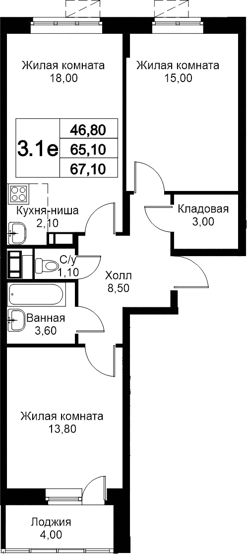 3-комн., 65.1 м², 4/12 этаж, ЖК «Кашинцево»