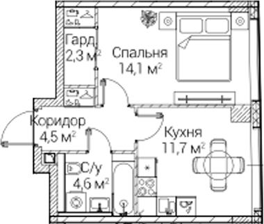 1-комн., 37.22 м², 14/41 этаж, ЖК «СЕЗАР БУДУЩЕЕ»