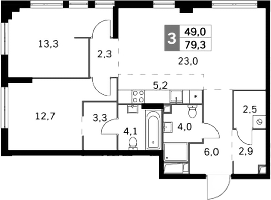 3-комн., 79.3 м², 20/28 этаж, ЖК «Сидней Сити»