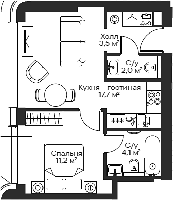 2-комн., 38.5 м², 23/54 этаж, ЖК «Сити Бэй»