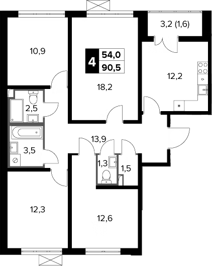 4+ комнаты, 88.9 м², 12/23 этаж, ЖК «Южная Битца»