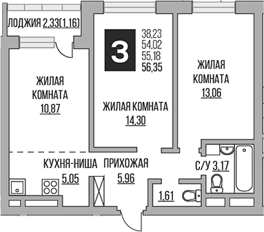 3-комн., 54.02 м², 2/23 этаж, ЖК «Гранель Ильинойс»