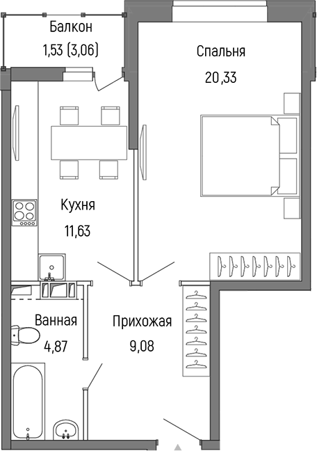 1-комн., 45.91 м², 9/9 этаж, ЖК «Рига Хиллс»