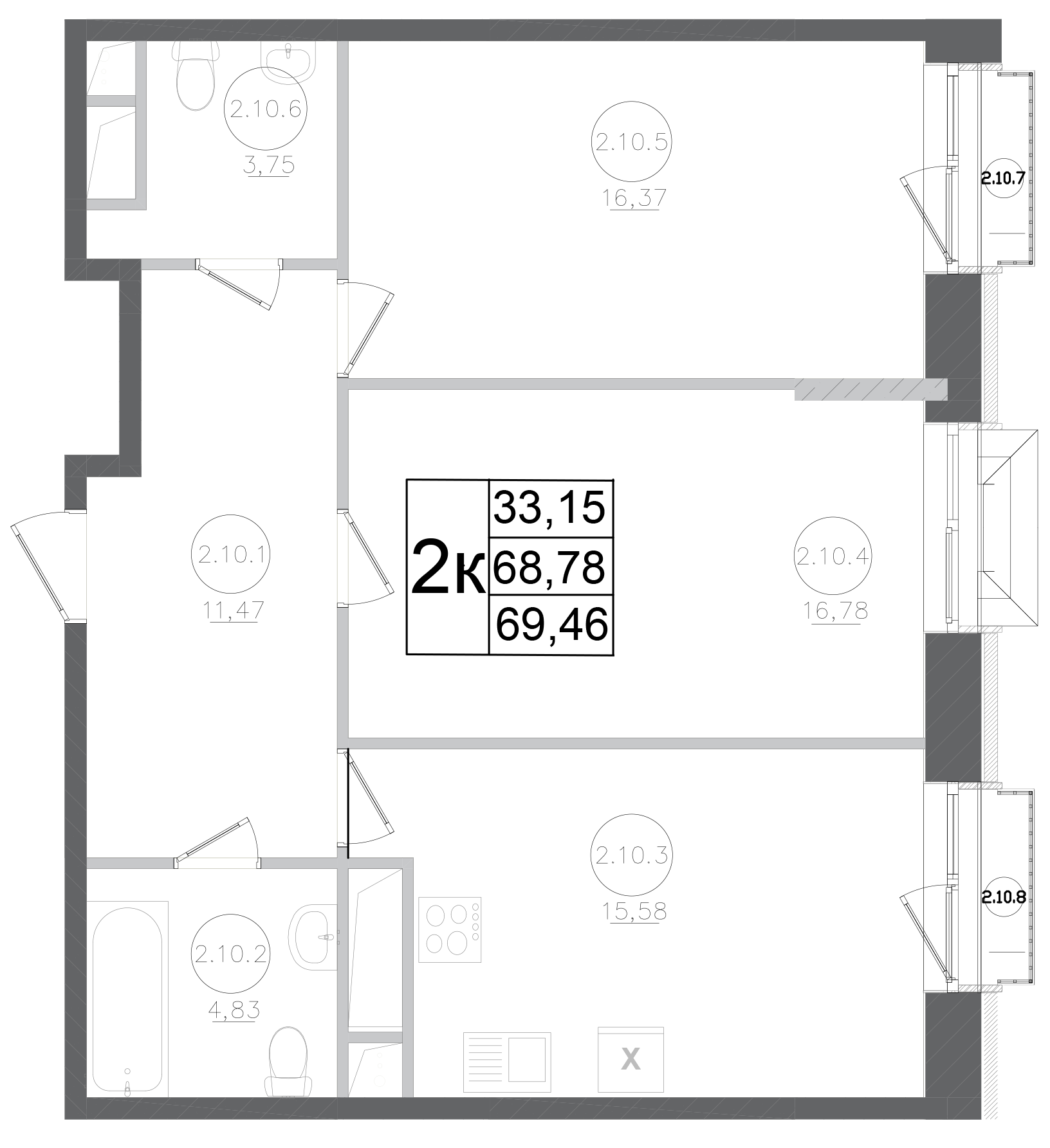 2-комн., 68.78 м², 3/17 этаж, ЖК «Авиатор-2»