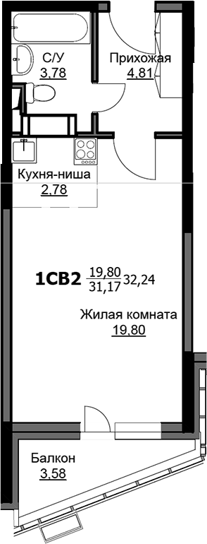 Студия, 31.15 м², 12/17 этаж, ЖК «Соболевка»