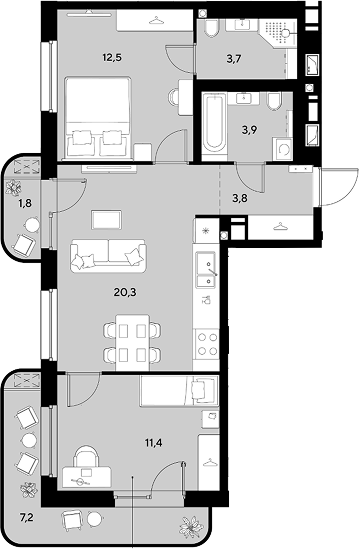 2-комн., 55.6 м², 3/9 этаж, ЖК «Грейд»