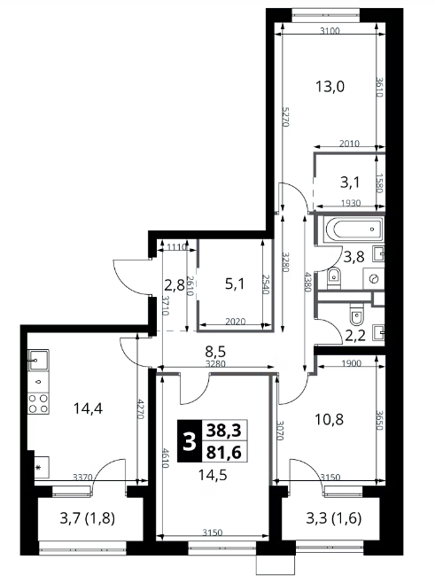 3-комн., 78.2 м², 5/18 этаж, ЖК «1-й Ясеневский»