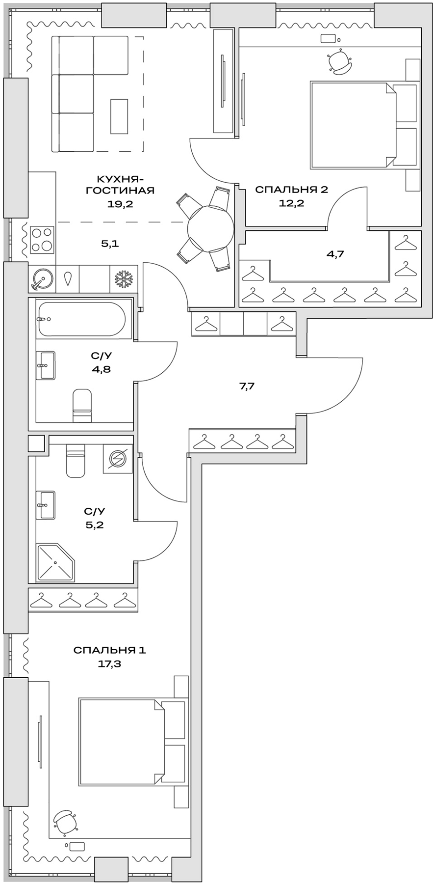 3-комн., 71.2 м², 2/11 этаж, ЖК «Детали»