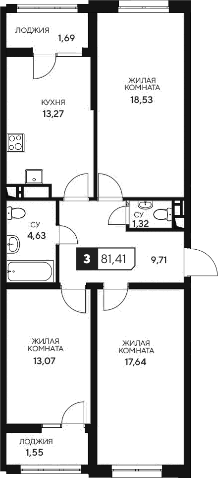 3-комн. квартира, 78.17 м² в ЖК Центральный. Гамма — фото 2