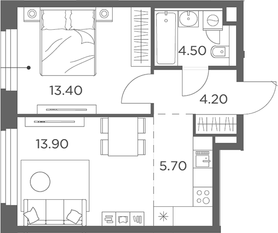 2-комн., 43.5 м², 14/17 этаж, ЖК «Белый Град»