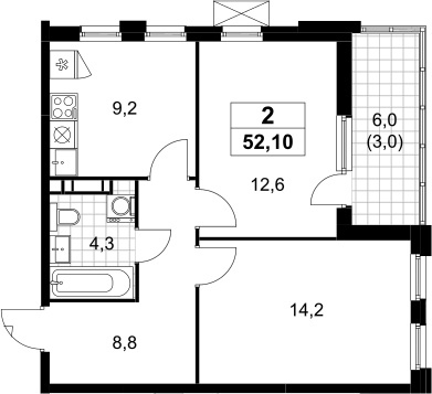 2-комн., 49.1 м², 15/19 этаж, ЖК «Скандинавия»