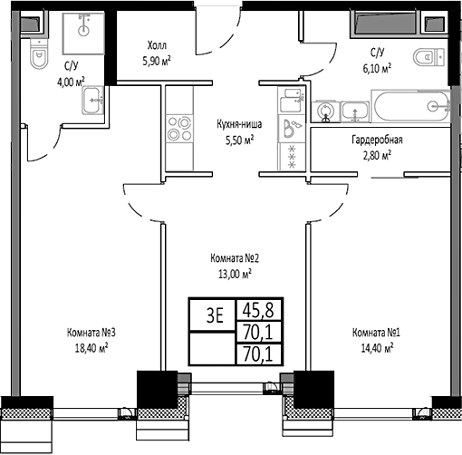 3-комн., 70.1 м², 25/35 этаж, ЖК «Мираполис»