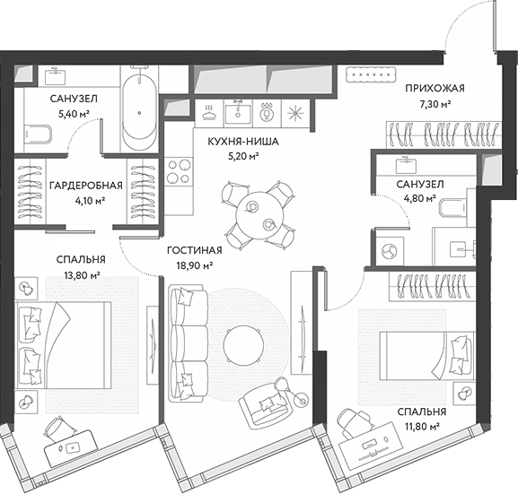 3-комн., 71.3 м², 3/34 этаж, ЖК «ХАЙДАУТ»