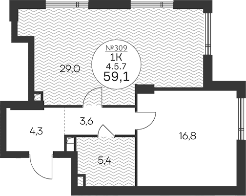 1-комн., 59.1 м², 5/33 этаж, ЖК «Клубный квартал КРЫЛАТСКАЯ 33»