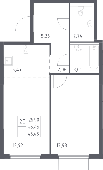 2-комн., 45.45 м², 15/17 этаж, ЖК «Пригород Лесное»