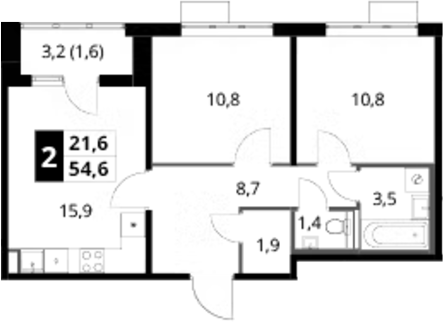 2-комн., 53 м², 7/16 этаж, ЖК «1-й Шереметьевский»