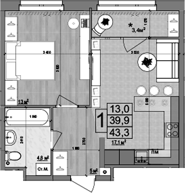 2-комн., 39.9 м², 16/18 этаж, ЖК «Гранд Комфорт»