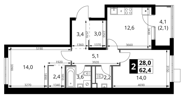 2-комн., 60.3 м², 10/18 этаж, ЖК «1-й Ясеневский»