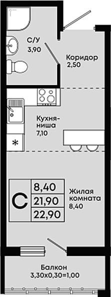 Студия, 21.9 м², 2/18 этаж, ЖК «Премьер»