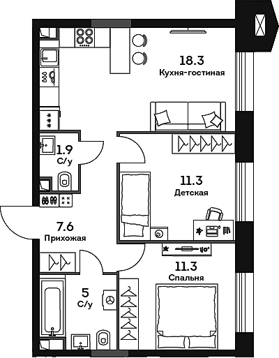 3-комн., 55.4 м², 14/32 этаж, ЖК «ЭРА»